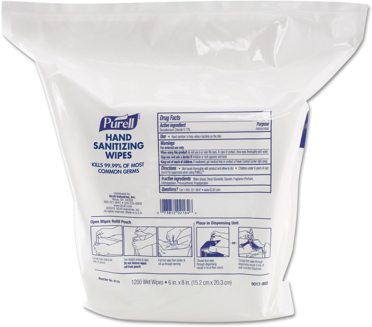 PURELL 911802 - Hand Wipes, 6 x 8, White, 1200/Refill Pouch, 2/Carton