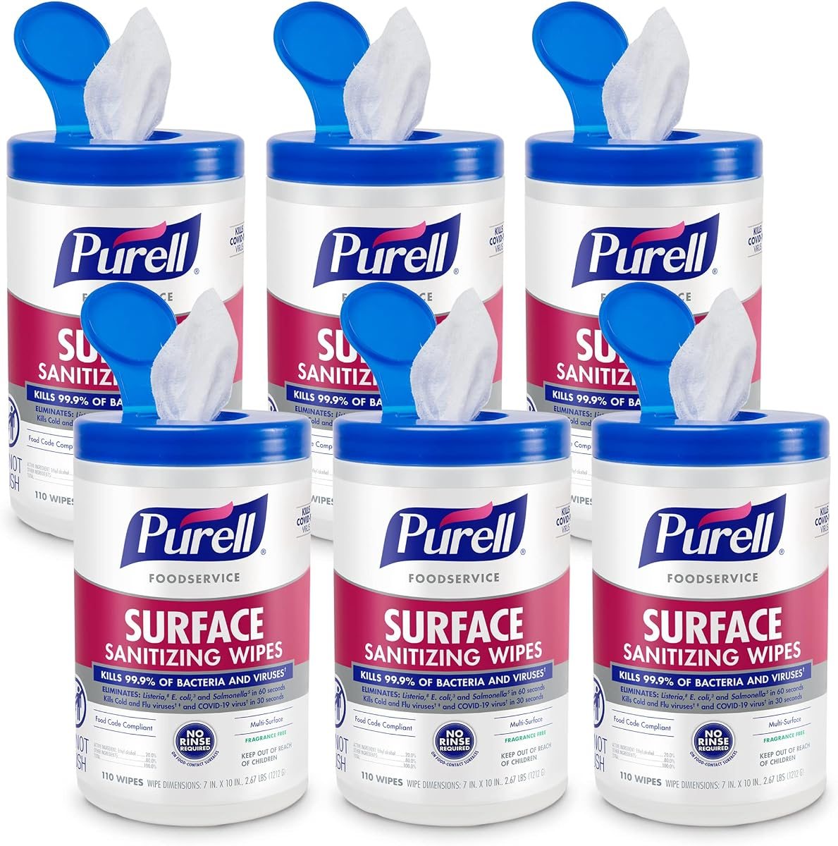 PURELL Foodservice Surface Sanitizing Wipes Canister, 6pk x 110ct, view 2