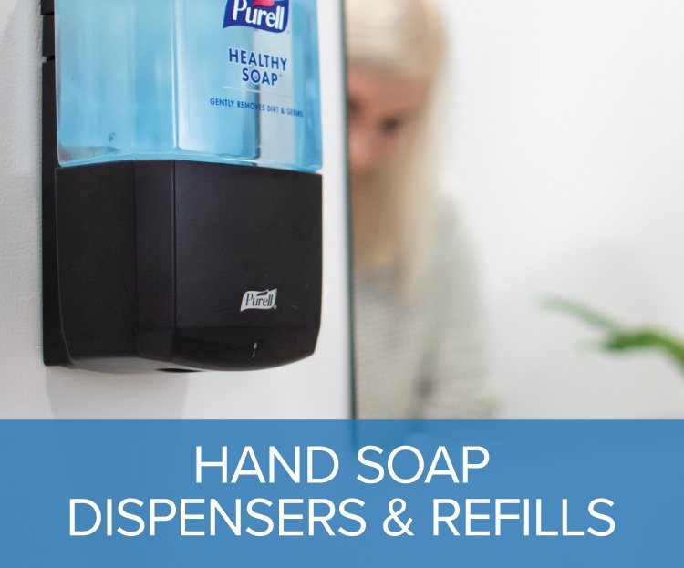 PURELL touch-free hand sanitizer dispenser at a cafe counter