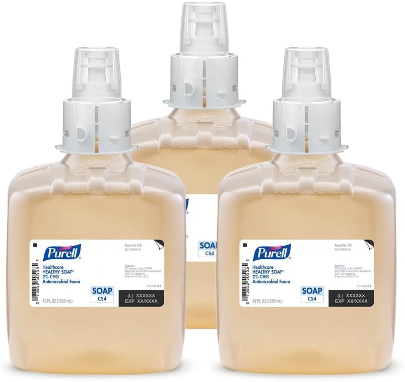 PURELL Healthcare HEALTHY SOAP 2% CHG Antimicrobial Foam, Fragrance Free, 1250 mL Foam Refill for PURELL CS4 Manual Soap Dispenser (Pack of 3) - - Manufactured by GOJO, Inc.