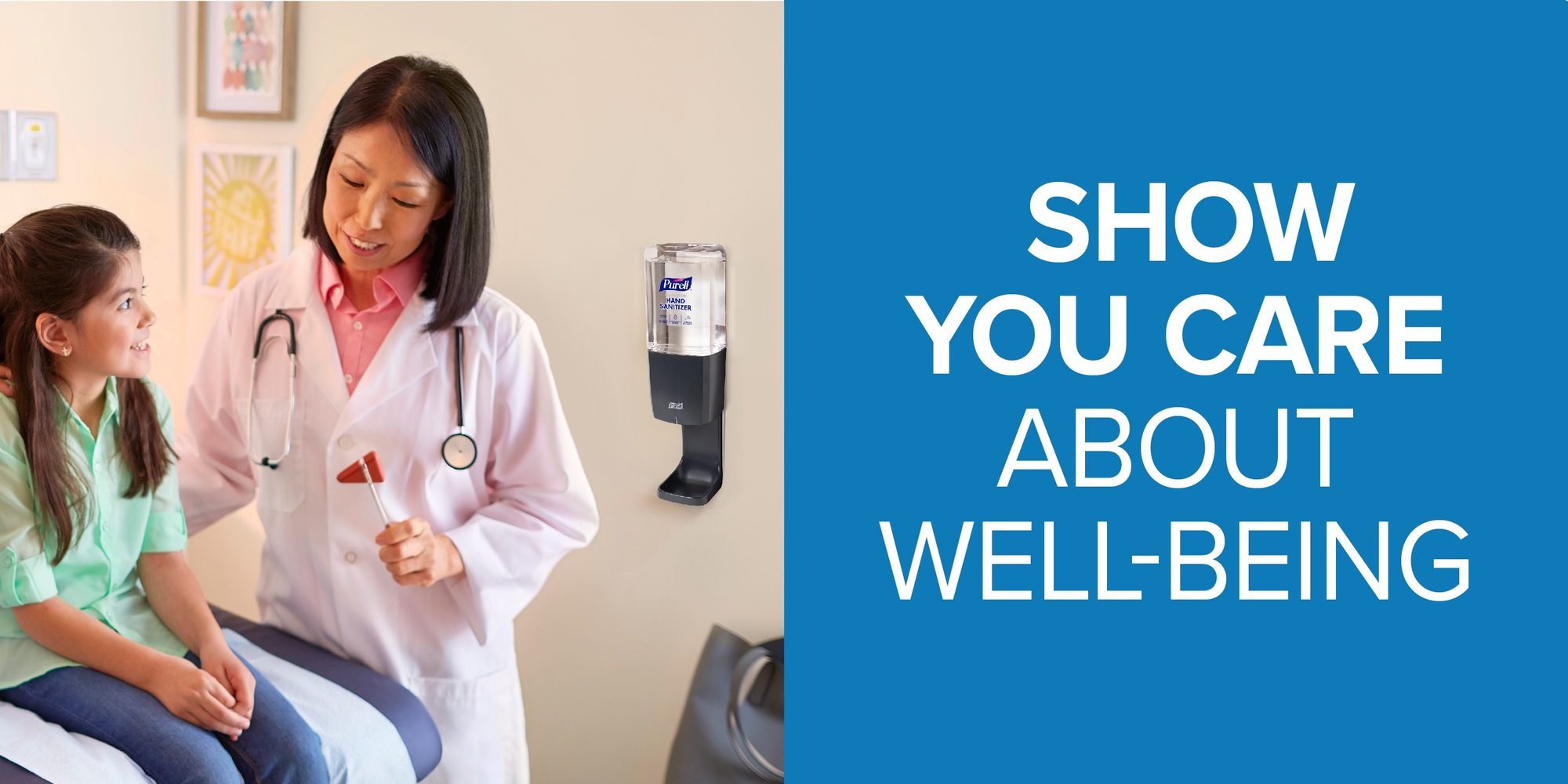Doctor and child at a PURELL hand sanitizer dispenser with the words Show you care about well-being
